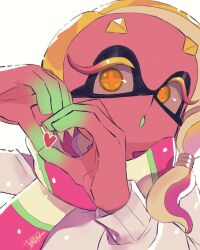 Rule 34 | 1girl, :o, blonde hair, cephalopod eyes, colored eyelashes, cross-shaped pupils, dark-skinned female, dark skin, frye (splatoon), gradient skin, hands up, heart, heart hands, inkling, isamu-ki (yuuki), looking at viewer, multicolored clothes, multicolored scarf, nintendo, open mouth, scarf, solo, splatoon (series), splatoon 3, sweater, symbol-shaped pupils, tentacle hair, white background, white sweater, winter clothes, yellow eyes