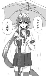 Rule 34 | 1girl, akebono (kancolle), bell, closed umbrella, commentary request, flower, greyscale, hair bell, hair between eyes, hair flower, hair ornament, holding, holding umbrella, ifuji shinsen, kantai collection, long hair, looking at viewer, monochrome, parted lips, pleated skirt, ponytail, rain, sailor collar, school uniform, serafuku, short sleeves, side ponytail, simple background, skirt, solo, speech bubble, thighhighs, translation request, umbrella, very long hair, wet