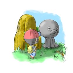 Rule 34 | 1boy, backpack, bag, black hair, boulder, grass, hat, looking at another, male focus, mother (game), mother 2, ness (mother 2), nintendo, octopus, red footwear, red hat, shirt, shorts, striped clothes, striped shirt, takeuchi kou