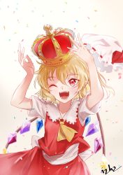 Rule 34 | 1girl, absurdres, ascot, collared shirt, commentary request, crown, crystal, flandre scarlet, happy, highres, izha (seisfleur), medium hair, one eye closed, open mouth, puffy short sleeves, puffy sleeves, red eyes, red skirt, red vest, shirt, short sleeves, side ponytail, skirt, solo, touhou, upper body, vest, white shirt, wings, yellow ascot