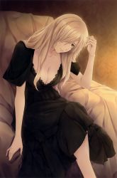 Rule 34 | 1girl, absurdres, black dress, blonde hair, breasts, cleavage, dress, frills, grey eyes, hair over one eye, highres, large breasts, lips, long hair, pp: pianissimo, sitting, solo, souma aoi, sugina miki
