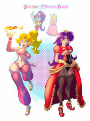 Rule 34 | 2girls, :d, areola slip, armpits, bandeau, bare shoulders, blonde hair, blue eyes, breasts, brooch, character name, cleavage, covered erect nipples, crop top, crossover, crown, detached pants, detached sleeves, feet, fire, fire, fusion, garter straps, gradient background, halftone, halftone background, high heels, hip focus, jewelry, large breasts, long hair, looking at viewer, mario (series), multiple girls, nail polish, navel, nintendo, open mouth, pointy ears, ponytail, princess, princess peach, puffy short sleeves, puffy sleeves, purple hair, sandals, see-through, shantae, shantae (series), short sleeves, simple background, smile, standing, strapless, supersatanson, toenail polish, toenails, toes, tube top, underboob, very long hair, wayforward, white background, wide hips, wrist cuffs