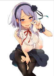 Rule 34 | 10s, 1girl, bare shoulders, black pantyhose, blush, breasts, condom, covered erect nipples, covering privates, covering crotch, dagashi kashi, flower, hair flower, hair ornament, hairband, heart, heart-shaped pupils, large breasts, looking at viewer, nipples, open mouth, pantyhose, pochi (pochi-goya), puffy nipples, purple eyes, purple hair, ribbon, see-through, see-through silhouette, shidare hotaru, short hair, simple background, skirt, smile, solo, symbol-shaped pupils, thighband pantyhose, tongue, tongue out, torn clothes, torn pantyhose, used condom, white background