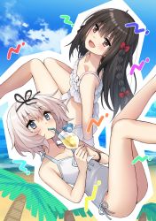 Rule 34 | 2girls, :d, bare arms, bare legs, bare shoulders, bendy straw, bikini, black hair, black ribbon, blue sky, blush, bow, braid, brown eyes, casual one-piece swimsuit, cloud, cloudy sky, commentary request, cup, day, drinking straw, feet out of frame, frilled bikini, frills, grey eyes, grey hair, hair between eyes, hair bow, hair ribbon, hanamura hinako, highres, holding, holding cup, horizon, kitanai kimi ga ichiban kawaii, long hair, multiple girls, ocean, one-piece swimsuit, open mouth, outdoors, outline, pacifier, palm tree, red bow, ribbon, sezaki airi, sky, smile, somechime (sometime1209), swimsuit, tree, water, white bikini, white one-piece swimsuit, white outline