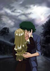 blonde_hair coat couple cowboy_bebop green_hair highres julia_(cowboy_bebop) nekro-comix outdoors rain spike_spiegel trench_coat