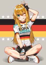 Rule 34 | 1girl, ;q, absurdres, arm up, bad id, bad pixiv id, bike jersey, bike shorts, black gloves, blonde hair, blush, closed mouth, clothes writing, comeo (komeo15), commentary, english commentary, fingerless gloves, flag background, flag print, full body, german flag, gloves, green eyes, highres, looking at viewer, multicolored background, one eye closed, original, short sleeves, sitting, slit pupils, smile, solo, sportswear, star (symbol), straight hair, tongue, tongue out, v, white footwear