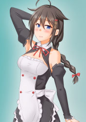 Rule 34 | 1girl, ahoge, anti (untea9), bare shoulders, black hair, blue background, blue eyes, braid, commentary request, cosplay, cowboy shot, detached sleeves, dream c club, dream c club (series), dream c club zero, gradient background, hair flaps, hair over shoulder, highres, kantai collection, long hair, looking at viewer, shigure (kancolle), single braid, solo, waitress