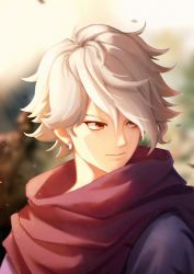 Rule 34 | 1boy, absurdres, blurry, blurry background, brown eyes, earrings, hair over one eye, highres, jewelry, male focus, messy hair, octopath traveler, octopath traveler i, outdoors, portrait, red scarf, scarf, short hair, simple background, solo, therion (octopath traveler), white hair, ynotl