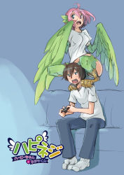 Rule 34 | 1boy, 1girl, ahoge, aqua eyes, bad id, bad pixiv id, breasts, brown hair, controller, couch, feather hair, feathered wings, feathers, game controller, hair between eyes, harpy, monster girl, naked shirt, nejitsu (nucomas), nucomas, open mouth, original, pink hair, playing games, shirt, short hair, sitting, sitting on person, socks, t-shirt, talons, taut clothes, taut shirt, translation request, winged arms, wings