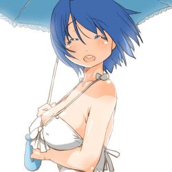 Rule 34 | 10s, 1girl, blue hair, blush, breasts, cleavage, large breasts, looking at viewer, lowres, mahou shoujo madoka magica, mahou shoujo madoka magica (anime), miki sayaka, open mouth, shinama, short hair, simple background, smile, solo, umbrella, white background