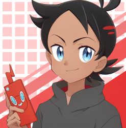 Rule 34 | 1boy, antenna hair, black hair, blue eyes, closed mouth, commentary request, creatures (company), eyelashes, game freak, gen 4 pokemon, goh (pokemon), grey shirt, hand up, highres, holding, holding phone, kouzuki (reshika213), looking at viewer, male focus, nintendo, phone, pokemon, pokemon (anime), pokemon (creature), pokemon journeys, rotom, rotom phone, shirt, short hair, smile, upper body