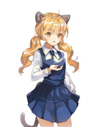 Rule 34 | 1girl, absurdres, ahoge, animal ears, blade &amp; soul, blue dress, blue necktie, brown eyes, brown hair, bug, butterfly, cat ears, cat tail, collared shirt, cowboy shot, dress, highres, insect, long hair, lyn (blade &amp; soul), necktie, open mouth, school uniform, shirt, simple background, solo, tail, twintails, white background, white shirt