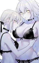 Rule 34 | 2girls, ahoge, artoria pendragon (all), artoria pendragon (fate), black bra, black panties, black ribbon, blonde hair, bow, bow bra, bow panties, bra, choker, fate/grand order, fate (series), frills, grey hair, hair between eyes, hair bow, hair ribbon, hand under clothes, highres, jeanne d&#039;arc (fate), jeanne d&#039;arc alter (avenger) (fate), jeanne d&#039;arc alter (fate), lingerie, long hair, looking at viewer, multiple girls, nipi27, panties, parted lips, ponytail, ribbon, saber alter, simple background, teeth, underwear, very long hair, white background, yellow eyes, yuri