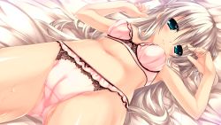 Rule 34 | 1girl, arms up, bed sheet, blue eyes, blush, bow, bow bra, bow panties, bra, breasts, cameltoe, chikotam, closed mouth, crotch seam, dutch angle, frilled bra, frilled panties, frills, frown, game cg, grey hair, hand in own hair, koiiro marriage, long hair, looking at viewer, luriastis t mikuriya, lying, on back, on bed, panties, pink bra, pink panties, small breasts, solo, sweat, trefoil, underwear, underwear only