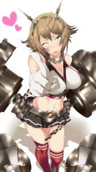 Rule 34 | 10s, 1girl, bare shoulders, blush, breasts, brown hair, chain, cleavage, gloves, hairband, headgear, heart, highres, kantai collection, large breasts, looking at viewer, midriff, miniskirt, mutsu (kancolle), navel, one eye closed, red thighhighs, shinoji (shin status), short hair, skirt, smile, solo, thighhighs, turret, white background, white gloves, yellow eyes