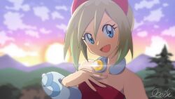 Rule 34 | 1girl, :d, anime coloring, blonde hair, blue eyes, blurry, blurry background, bracelet, cloud, collar, commentary request, creatures (company), day, eyelashes, game freak, hairband, hand on own chest, hand up, head tilt, irida (pokemon), jewelry, looking at viewer, medium hair, nintendo, oooise, open mouth, outdoors, pokemon, pokemon legends: arceus, red hairband, red shirt, shirt, signature, sky, smile, strapless, strapless shirt, sun, tongue, upper body