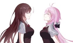 2girls absurdres alternate_costume black_cardigan bow bowtie breasts brown_hair cardigan closed_eyes closed_mouth eden_(honkai_impact) elf elysia_(honkai_impact) faber_fubei from_side highres honkai_(series) honkai_impact_3rd large_breasts long_hair multiple_girls pink_hair pointy_ears red_bow red_bowtie shirt simple_background smile upper_body white_background white_shirt