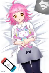 Rule 34 | 1girl, :o, animal print, artist name, artist request, bed, black bow, black pants, blunt bangs, blush, bow, breasts, brown eyes, buttons, cat, cat print, collarbone, emotive signals (love live!), female focus, flat chest, highres, holding, holding stuffed animal, holding stuffed toy, looking at viewer, love live!, love live! nijigasaki high school idol club, love live! school idol festival, love live! school idol festival all stars, nintendo switch, on bed, pants, parted lips, pillow, pink cat, pink hair, puffy short sleeves, puffy sleeves, shirt, short hair, short sleeves, small breasts, smile, solo, stuffed animal, stuffed toy, tennoji rina, white shirt, yellow eyes