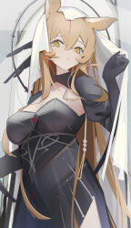 Rule 34 | 1girl, absurdres, animal ears, arknights, black dress, black gloves, blonde hair, breasts, chichi guai, commentary request, dorothy (arknights), dorothy (hand of destiny) (arknights), dress, gloves, hand up, highres, large breasts, official alternate costume, solo, upper body, veil