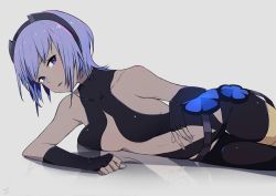 Rule 34 | 1girl, animal ears, bare shoulders, black gloves, blush, breasts, cat ears, dark skin, dark-skinned female, fate/prototype, fate/prototype: fragments of blue and silver, fate (series), fingerless gloves, gloves, hassan of serenity (fate), looking at viewer, lying, medium breasts, on side, parted lips, purple eyes, purple hair, reflection, short hair, so shina, sohin, solo