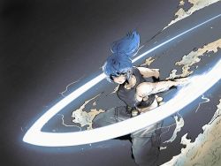 Rule 34 | 1girl, absurdres, bare shoulders, belt, black tank top, blue eyes, blue hair, breasts, closed mouth, dust cloud, fighting stance, gas can, gloves, han gong, highres, leona heidern, military, military uniform, ponytail, slashing, solo, tank top, the king of fighters, the king of fighters xiii, uniform