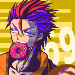 Rule 34 | 1boy, ahoge, beads, biting, collarbone, doughnut, eating, feathers, food, hair ornament, holding, looking away, lowres, male focus, multicolored hair, nail polish, nanbaka, open clothes, open shirt, purple hair, red hair, rock (nanbaka), scar, shirt, solo, spiked hair, sprinkles, striped, striped background, two-tone hair, upper body, yellow background, yellow eyes
