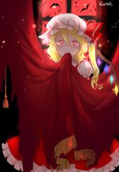 Rule 34 | 1girl, asymmetrical hair, asymmetrical wings, bat (animal), blonde hair, blush, bow, curtains, dress, flandre scarlet, hair bow, hat, highres, looking at viewer, mob cap, red dress, red eyes, rosette (roze-ko), side ponytail, sketch, solo, touhou, window, wings