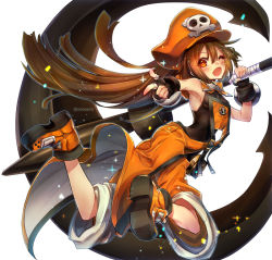 Rule 34 | 1girl, anchor, bare shoulders, black gloves, blush, boots, breasts, brown hair, fingerless gloves, from behind, gloves, guilty gear, hat, long hair, looking back, may (guilty gear), one eye closed, orange eyes, oro (sumakaita), pirate, pirate hat, pointing, shorts, sideboob, skull and crossbones, small breasts, smile, solo, wink