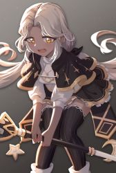 Rule 34 | 1girl, backlighting, black capelet, black skirt, black thighhighs, blonde hair, blush, breasts, capelet, crescent, earrings, female focus, frilled skirt, frills, gradient background, grey background, hair intakes, have to pee, highres, holding, holding staff, jewelry, knees together feet apart, leaning forward, light blush, long hair, magician (fire poison), maplestory, miniskirt, open mouth, orange eyes, own hands together, pinstripe legwear, pinstripe pattern, puffy short sleeves, puffy sleeves, rune (dualhart), shirt, short sleeves, sidelocks, simple background, skirt, small breasts, solo, staff, standing, star (symbol), striped, stud earrings, thighhighs, twintails, v arms, very long hair, white shirt, zettai ryouiki