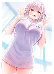 Rule 34 | 1girl, arms up, blue ribbon, blush, bra visible through clothes, breasts, ceiling, commentary request, cowboy shot, curtains, eyes visible through hair, from below, green eyes, hair between eyes, hair ribbon, highres, hololive, large breasts, looking at viewer, open mouth, purapa, ribbon, shirogane noel, shirt, short hair, short sleeves, silver hair, smile, solo, virtual youtuber, white shirt
