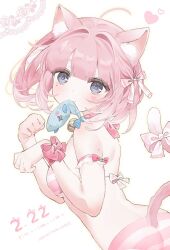 Rule 34 | 1girl, ahoge, animal ear fluff, animal ears, bell, bikini, blue eyes, blush, bow, breasts, cat day, cat ears, cat girl, cat tail, choker, dated, fish, fish in mouth, from side, hair bow, hair intakes, heart, heart-shaped pupils, highres, looking at viewer, medium breasts, medium hair, mole, mole on arm, mole under eye, mouth hold, original, paw pose, pink bow, pink choker, pink hair, ribbon, solo, striped bikini, striped clothes, swimsuit, symbol-shaped pupils, tail, tail bow, tail ornament, usanta, white background, wrist bow