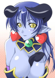 Rule 34 | 1girl, areola slip, astaroth (shinrabanshou), bent over, between breasts, black sclera, blue hair, blue skin, breasts, cleavage, colored sclera, colored skin, downblouse, earrings, hanging breasts, heart, heart earrings, horns, huge breasts, jewelry, large breasts, long hair, looking at viewer, pointy ears, ruton-niki, sexually suggestive, shinrabanshou, solo, tail, tail between breasts, upper body, yellow eyes