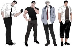 Rule 34 | 4boys, bad id, bad twitter id, balnom, bara, collared shirt, formal, full body, gloves, hand on own chin, head tilt, highres, jacket, large pectorals, looking at viewer, male focus, mature male, multiple boys, muscular, muscular male, necktie, open clothes, open jacket, original, pectorals, shirt, short hair, shorts, standing, stroking own chin, t-shirt, thick eyebrows, veins, veiny arms, white background
