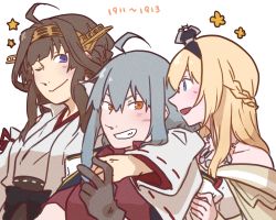 Rule 34 | 3girls, ahoge, arm around shoulder, bare shoulders, betchan, black bow, blonde hair, bow, braid, breasts, brown hair, crown, detached sleeves, double bun, dress, scar on face, flower (symbol), french braid, gangut (kancolle), grey hair, hair ornament, hairband, headgear, japanese clothes, jewelry, kantai collection, kongou (kancolle), mini crown, multiple girls, necklace, nontraditional miko, off-shoulder dress, off shoulder, open mouth, purple eyes, red eyes, red shirt, ribbon-trimmed sleeves, ribbon trim, scar, scar on cheek, scar on face, shirt, skirt, smile, star (symbol), warspite (kancolle)