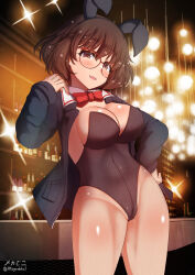 Rule 34 | 1girl, akiyama yukari, animal ears, black leotard, blush, bow, bowtie, breasts, brown eyes, brown hair, cameltoe, cleavage, cleft of venus, covered erect nipples, fake animal ears, fishnet pantyhose, fishnets, girls und panzer, glasses, hand on own hip, highres, indoors, large breasts, leotard, looking at viewer, megadeko, military, military uniform, ooarai military uniform, open mouth, pantyhose, playboy bunny, rabbit ears, red bow, red bowtie, short hair, smile, solo, uniform