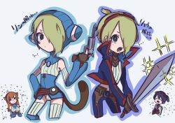 Rule 34 | 1boy, 2girls, animal ears, animal hood, blue eyes, breasts, breath of fire, breath of fire v, cat ears, cat hood, closed mouth, cosplay, gloves, green hair, gun, handgun, highres, holding, holding sword, holding weapon, hood, lin (breath of fire), long hair, medium breasts, multiple girls, nina (breath of fire v), open mouth, orange hair, revolver, ryuu (breath of fire v), shiirodesu, short hair, simple background, small breasts, smile, sword, tail, thighhighs, weapon, white background