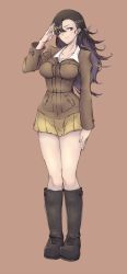 Rule 34 | 10s, 1girl, boots, breasts, brown background, brown eyes, brown hair, brown jacket, chi-hatan military uniform, girls und panzer, hair over one eye, highres, jacket, knee boots, large breasts, leather, leather boots, long hair, messy hair, miniskirt, mityubi, nishi kinuyo, pleated skirt, salute, simple background, skirt, smile, solo, standing, texture, thighs, wide hips, yellow skirt