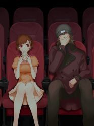 Rule 34 | 1boy, 1girl, aragaki shinjirou, beanie, black shirt, brown hair, chair, coat, covered mouth, covering own mouth, cup, disposable cup, dress, drinking, drinking straw, feet out of frame, grey eyes, grey hat, hair between eyes, hair ornament, hairclip, hand over own mouth, hat, highres, holding, holding cup, indoors, knees together feet apart, kyuryuu anuma, long sleeves, looking at another, medium hair, movie theater, orange dress, persona, persona 3, persona 3 portable, puffy short sleeves, puffy sleeves, red coat, red eyes, shiomi kotone, shirt, short hair, short sleeves, sitting, theater, theater seating, trench coat, turtleneck