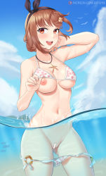 Rule 34 | 1girl, :d, areola slip, arm up, artist name, atelier (series), atelier ryza, atelier ryza 1, bad id, bad pixiv id, bar censor, bare arms, bare shoulders, bikini, bikini top lift, black hairband, black ribbon, blue sky, blush, braid, brown eyes, brown hair, censored, clothes lift, cloud, collarbone, cowboy shot, day, eerisyn, exhibitionism, gluteal fold, groin, hair ornament, hair ribbon, hairband, hairclip, has uncensored version, highres, jewelry, lifted by self, looking at viewer, navel, necklace, nipples, o-ring, o-ring bottom, ocean, open mouth, outdoors, partially submerged, partially underwater shot, patreon username, print bikini, public indecency, pussy, reisalin stout, ribbon, short hair, skindentation, sky, smile, solo, starfish, stomach, swimsuit, teeth, underwater, upper teeth only, wardrobe malfunction, water, watermark, web address, white bikini