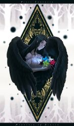 Rule 34 | 1girl, bare tree, black eyes, black hair, black wings, blurry, blurry background, copyright name, feathered wings, flower, highres, holding, holding flower, insignia, letterboxed, long hair, pixiv fantasia, pixiv fantasia mountain of heaven, solo, tree, tsubo ichiro, upper body, wings