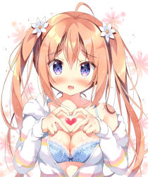 Rule 34 | 1girl, ahoge, blue bra, blush, bow, bow bra, bra, breasts, brown hair, cleavage, collarbone, commentary request, fang, floral background, flower, hair between eyes, hair flower, hair ornament, heart, heart hands, hood, hood down, hooded jacket, jacket, long hair, long sleeves, looking at viewer, medium breasts, off shoulder, open clothes, open jacket, open mouth, original, pan (mimi), purple eyes, simple background, sleeves past wrists, solo, striped clothes, striped jacket, twintails, twintails day, underwear, upper body, very long hair, white background, white flower