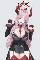 Rule 34 | 1girl, :d, absurdres, aremen, belt, black gloves, blue archive, breasts, cleavage, coin, coin on string, commentary, demon girl, demon horns, detached collar, eyes visible through hair, garter straps, gloves, half gloves, halo, head tilt, highres, holding, holding string, holed coin, horns, hypnosis, large breasts, long hair, long sleeves, looking at viewer, mind control, mole, mole on breast, necktie, open mouth, parted bangs, pencil skirt, pink hair, red eyes, red thighhighs, satsuki (blue archive), sidelocks, simple background, skirt, smile, solo, string, thighhighs