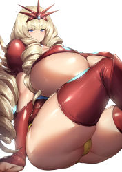 Rule 34 | 1girl, absurdres, alternate body build, alternate body size, alternate breast size, ass, blonde hair, blue eyes, breasts, crown, curvy, drill hair, geppera-sama, getter robo, gloves, highres, huge breasts, no bra, panties, revealing clothes, simple background, sitting, skindentation, smile, solo, thick thighs, thighhighs, thighs, thirty 8ght, underboob, underwear, white background