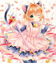 Rule 34 | 1girl, ;3, animal ear fluff, animal ears, antenna hair, apron, bad id, bad pixiv id, bell, black dress, black pantyhose, blush, cardcaptor sakura, cat ears, cat girl, cat tail, closed mouth, commentary, dress, flower, fuuin no tsue, green eyes, grey background, hair between eyes, hair intakes, hands up, highres, holding, holding wand, jingle bell, kinomoto sakura, light brown hair, long hair, long sleeves, looking at viewer, marker (medium), one eye closed, pantyhose, petals, pink apron, pleated dress, puu (kari---ume), red flower, red ribbon, ribbon, solo, symbol-only commentary, tail, tail raised, traditional media, wand