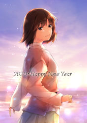 Rule 34 | 1girl, 2020, brown eyes, brown hair, from side, happy new year, highres, looking at viewer, nayuta69, new year, original, pink shirt, shirt, short hair, skirt, smile, solo, upper body, yellow skirt