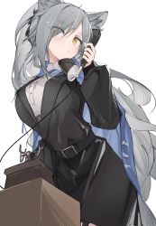 Rule 34 | 1girl, alternate costume, animal ear fluff, animal ears, antique phone, arknights, belt, black belt, black suit, breasts, cape, cat ears, corded phone, dress shirt, eyes visible through hair, formal, frilled shirt collar, frills, grey hair, hair between eyes, hair tie, highres, holding, holding phone, large breasts, long hair, long sleeves, mikozin, parted lips, phone, puffy long sleeves, puffy sleeves, rotary phone, schwarz (arknights), shirt, simple background, solo, suit, talking on phone, very long hair, white background, white shirt, yellow eyes