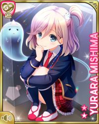 Rule 34 | 1girl, arms around legs, beads, blonde hair, blue jacket, bracelet, card (medium), ghost, girlfriend (kari), grey eyes, hand on own face, jacket, jewelry, looking at viewer, mishima yurara, necklace, neckwear request, official art, outdoors, plaid, plaid skirt, qp:flapper, red skirt, short hair, side ponytail, sitting, skirt, smile, solo, tagme