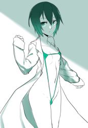 Rule 34 | 1girl, alternate costume, androgynous, commentary, covered erect nipples, cowboy shot, from side, green theme, groin, hair between eyes, halterneck, highres, kino (kino no tabi), kino no tabi, lab coat, monochrome, navel, parted bangs, reverse trap, shell, shell bikini, short hair, simple background, slingshot swimsuit, solo, standing, swimsuit, thighs, tomboy, ukimukai