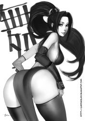 Rule 34 | 1girl, ass, elbow gloves, fatal fury, fingerless gloves, from behind, gloves, greyscale, leaning forward, lips, lokman lam, long hair, looking back, monochrome, pelvic curtain, ponytail, shiranui mai, snk, solo, the king of fighters, thighhighs