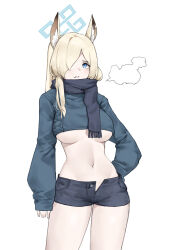 Rule 34 | 1girl, absurdres, alternate costume, animal ear fluff, animal ears, blonde hair, blue archive, blue eyes, blush, breasts, breath, casual, coteri, cowboy shot, crop top, cropped sweater, denim, denim shorts, dog ears, hair over one eye, halo, hand on own hip, highres, kanna (blue archive), large breasts, long sleeves, looking at viewer, micro shorts, midriff, navel, notched ear, open fly, scarf, sharp teeth, shorts, simple background, sleeves past wrists, solo, standing, stomach, sweater, teeth, white background